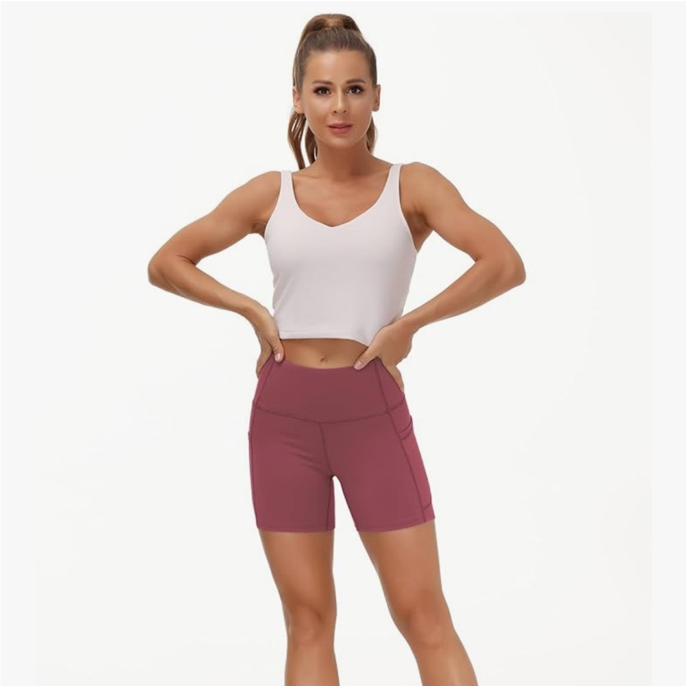 Amazon’s Gym People rose red high waist yoga shorts. Tag on, never worn.